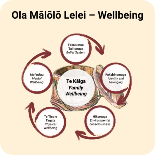 Diagram of the fishing box with wellbeing at the centre surrounded by the dimensions of wellbeing.
